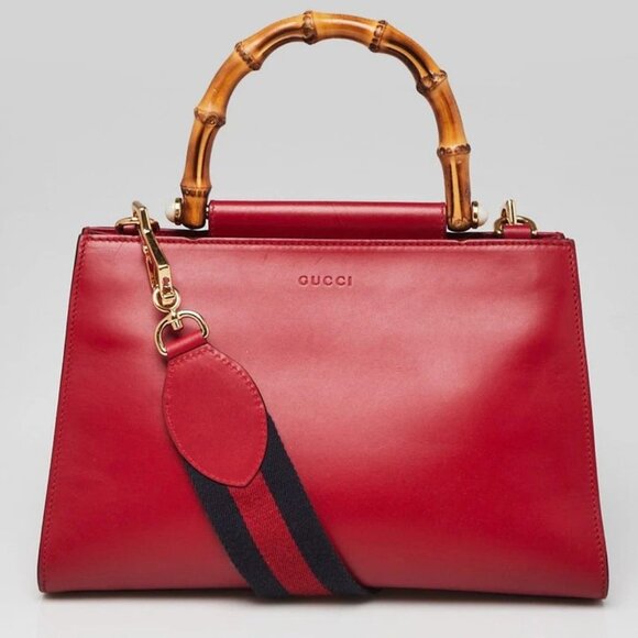 Gucci Red Smooth Calfskin Leather Nymphaea Medium Top Handle Bag - Picture 2 of 12